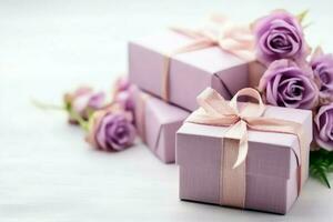 Colorful gift boxes present with ribbon and bow. For birthday, christmas gift or valentine occasions concept by AI Generated photo