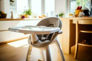 convencional bebé alimentación silla en el comida mesa a hogar o cocina. niño alto silla mueble concepto por ai generado foto