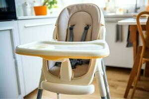 Conventional baby feeding chair in the dining table at home or kitchen. Child high chair furniture concept by AI Generated photo