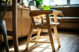 convencional bebé alimentación silla en el comida mesa a hogar o cocina. niño alto silla mueble concepto por ai generado foto