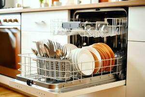 abrió lavavajillas máquina en cocina habitación con sucio platos o limpiar platos después Lavado dentro concepto por ai generado foto