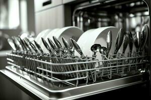 abrió lavavajillas máquina en cocina habitación con sucio platos o limpiar platos después Lavado dentro concepto por ai generado foto