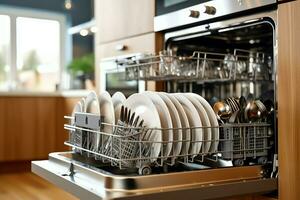 abrió lavavajillas máquina en cocina habitación con sucio platos o limpiar platos después Lavado dentro concepto por ai generado foto