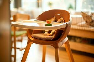 Conventional baby feeding chair in the dining table at home or kitchen. Child high chair furniture concept by AI Generated photo