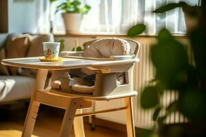 convencional bebé alimentación silla en el comida mesa a hogar o cocina. niño alto silla mueble concepto por ai generado foto