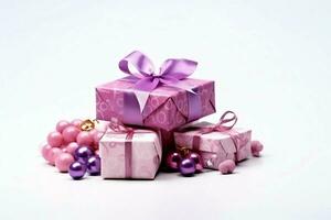 Colorful gift boxes present with ribbon and bow. For birthday, christmas gift or valentine occasions concept by AI Generated photo