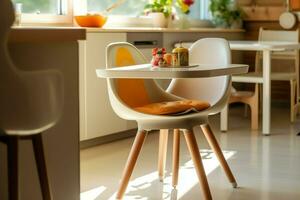 Conventional baby feeding chair in the dining table at home or kitchen. Child high chair furniture concept by AI Generated photo