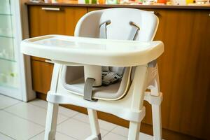 convencional bebé alimentación silla en el comida mesa a hogar o cocina. niño alto silla mueble concepto por ai generado foto