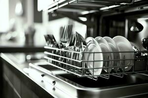 abrió lavavajillas máquina en cocina habitación con sucio platos o limpiar platos después Lavado dentro concepto por ai generado foto