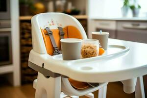 Conventional baby feeding chair in the dining table at home or kitchen. Child high chair furniture concept by AI Generated photo