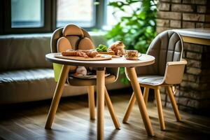 convencional bebé alimentación silla en el comida mesa a hogar o cocina. niño alto silla mueble concepto por ai generado foto