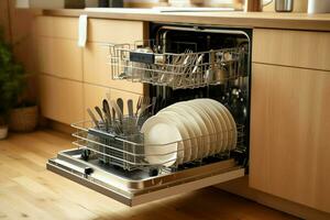 Opened dishwasher machine in kitchen room with dirty plates or clean dishes after washing inside concept by AI Generated photo