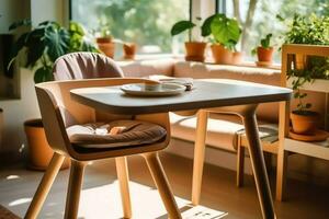 convencional bebé alimentación silla en el comida mesa a hogar o cocina. niño alto silla mueble concepto por ai generado foto