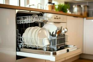 abrió lavavajillas máquina en cocina habitación con sucio platos o limpiar platos después Lavado dentro concepto por ai generado foto