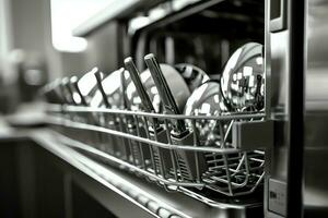 Opened dishwasher machine in kitchen room with dirty plates or clean dishes after washing inside concept by AI Generated photo