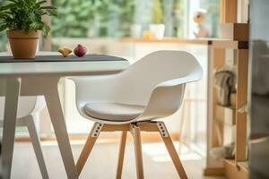 Conventional baby feeding chair in the dining table at home or kitchen. Child high chair furniture concept by AI Generated photo