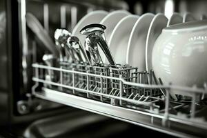 abrió lavavajillas máquina en cocina habitación con sucio platos o limpiar platos después Lavado dentro concepto por ai generado foto