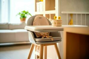 convencional bebé alimentación silla en el comida mesa a hogar o cocina. niño alto silla mueble concepto por ai generado foto