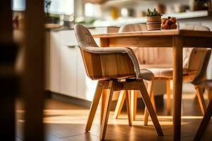 convencional bebé alimentación silla en el comida mesa a hogar o cocina. niño alto silla mueble concepto por ai generado foto