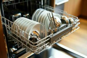 abrió lavavajillas máquina en cocina habitación con sucio platos o limpiar platos después Lavado dentro concepto por ai generado foto