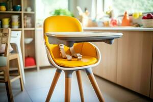 convencional bebé alimentación silla en el comida mesa a hogar o cocina. niño alto silla mueble concepto por ai generado foto