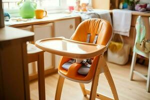 convencional bebé alimentación silla en el comida mesa a hogar o cocina. niño alto silla mueble concepto por ai generado foto