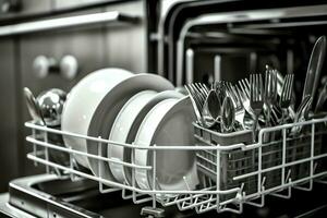 abrió lavavajillas máquina en cocina habitación con sucio platos o limpiar platos después Lavado dentro concepto por ai generado foto