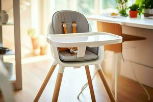 Conventional baby feeding chair in the dining table at home or kitchen. Child high chair furniture concept by AI Generated photo