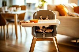 Conventional baby feeding chair in the dining table at home or kitchen. Child high chair furniture concept by AI Generated photo