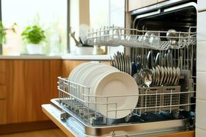abrió lavavajillas máquina en cocina habitación con sucio platos o limpiar platos después Lavado dentro concepto por ai generado foto