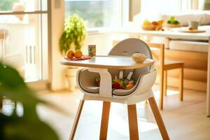 Conventional baby feeding chair in the dining table at home or kitchen. Child high chair furniture concept by AI Generated photo