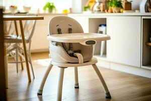 convencional bebé alimentación silla en el comida mesa a hogar o cocina. niño alto silla mueble concepto por ai generado foto