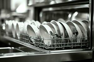 abrió lavavajillas máquina en cocina habitación con sucio platos o limpiar platos después Lavado dentro concepto por ai generado foto