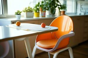 convencional bebé alimentación silla en el comida mesa a hogar o cocina. niño alto silla mueble concepto por ai generado foto