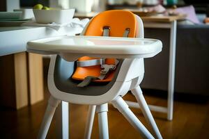 convencional bebé alimentación silla en el comida mesa a hogar o cocina. niño alto silla mueble concepto por ai generado foto