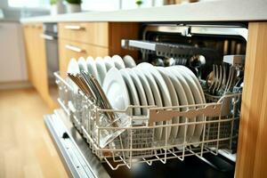 Opened dishwasher machine in kitchen room with dirty plates or clean dishes after washing inside concept by AI Generated photo