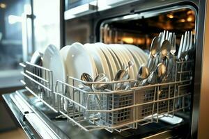 Opened dishwasher machine in kitchen room with dirty plates or clean dishes after washing inside concept by AI Generated photo