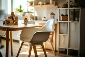 Conventional baby feeding chair in the dining table at home or kitchen. Child high chair furniture concept by AI Generated photo