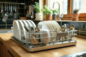 abrió lavavajillas máquina en cocina habitación con sucio platos o limpiar platos después Lavado dentro concepto por ai generado foto