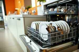 abrió lavavajillas máquina en cocina habitación con sucio platos o limpiar platos después Lavado dentro concepto por ai generado foto