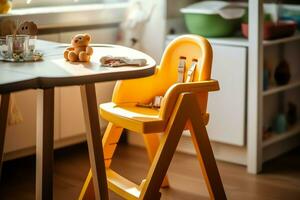 Conventional baby feeding chair in the dining table at home or kitchen. Child high chair furniture concept by AI Generated photo