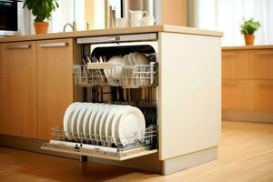 Opened dishwasher machine in kitchen room with dirty plates or clean dishes after washing inside concept by AI Generated photo