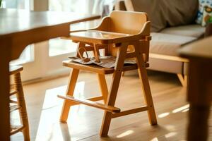 Conventional baby feeding chair in the dining table at home or kitchen. Child high chair furniture concept by AI Generated photo