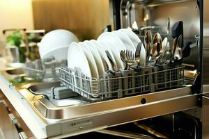 abrió lavavajillas máquina en cocina habitación con sucio platos o limpiar platos después Lavado dentro concepto por ai generado foto