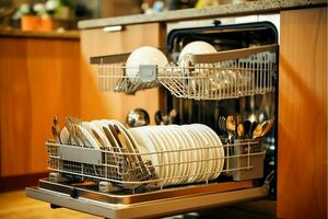 Opened dishwasher machine in kitchen room with dirty plates or clean dishes after washing inside concept by AI Generated photo