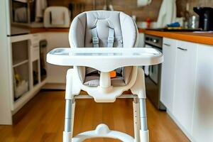 Conventional baby feeding chair in the dining table at home or kitchen. Child high chair furniture concept by AI Generated photo