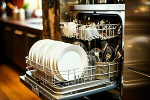 Opened dishwasher machine in kitchen room with dirty plates or clean dishes after washing inside concept by AI Generated photo