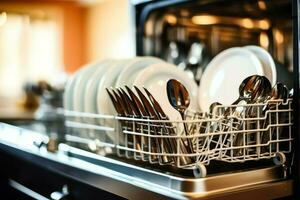 abrió lavavajillas máquina en cocina habitación con sucio platos o limpiar platos después Lavado dentro concepto por ai generado foto