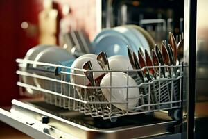 abrió lavavajillas máquina en cocina habitación con sucio platos o limpiar platos después Lavado dentro concepto por ai generado foto