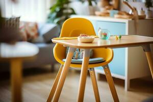 Conventional baby feeding chair in the dining table at home or kitchen. Child high chair furniture concept by AI Generated photo